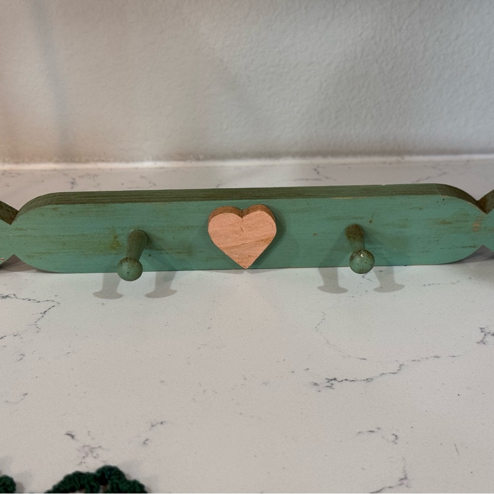 Hand-Painted Mint Green Wooden Wall Hook Rack with Pink Heart